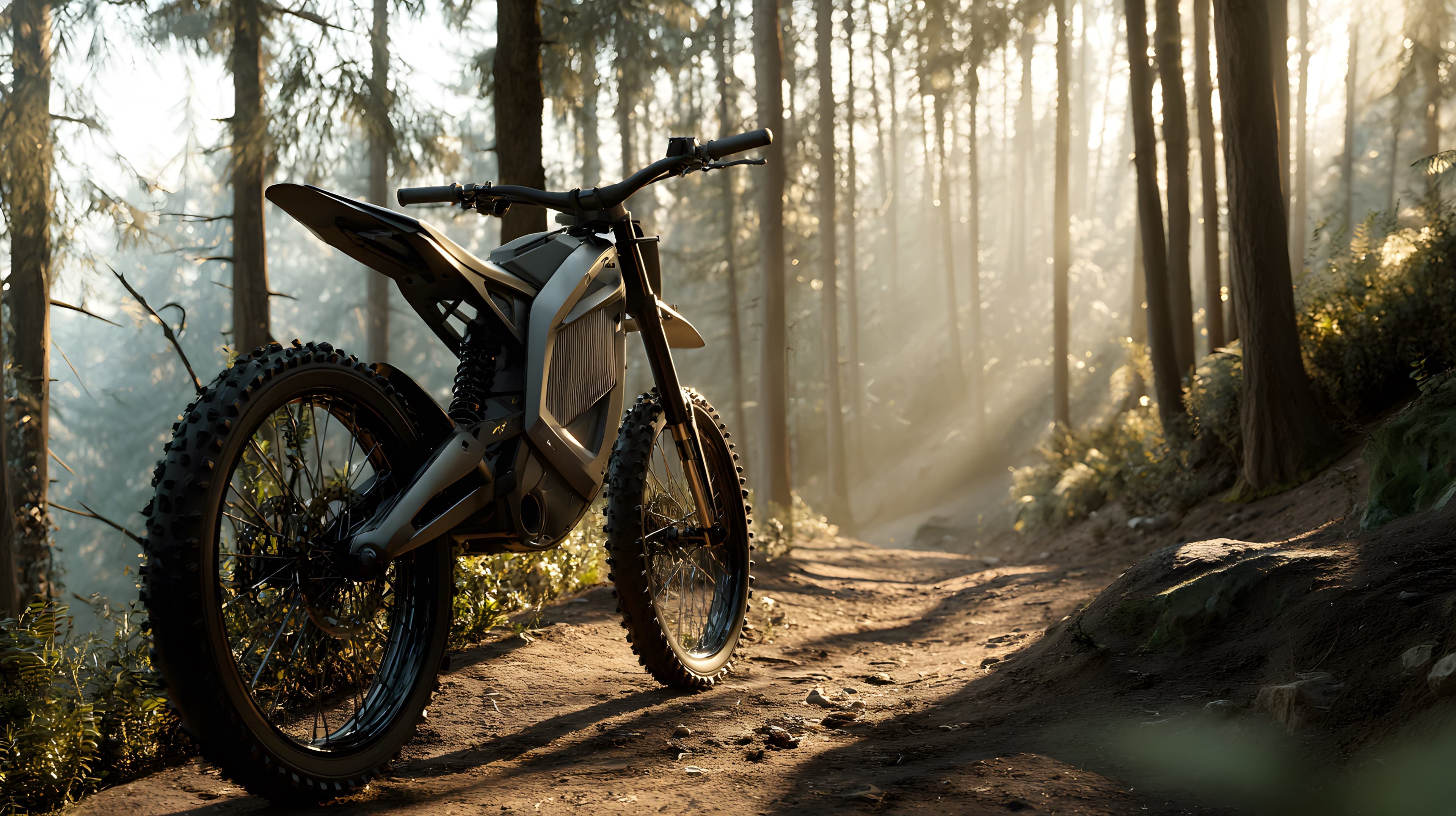 Electric dirt bike parked on a forest trail in morning light