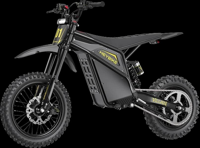 Heybike Villain electric dirt bike in Midnight Black with yellow Heybike graphics